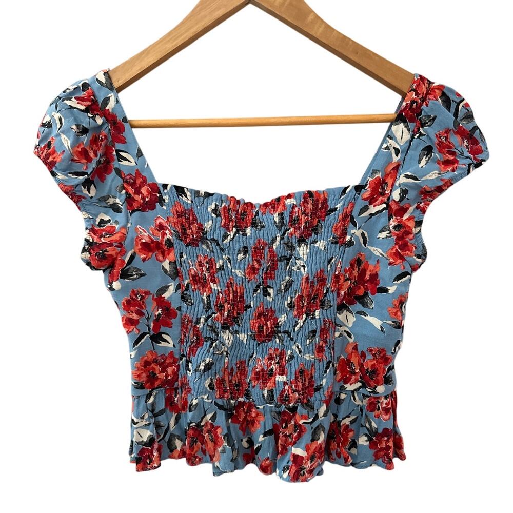 Zara Smocked Back Floral Cropped Top Red‎ & Blue Size Small - Picture 6 of 11